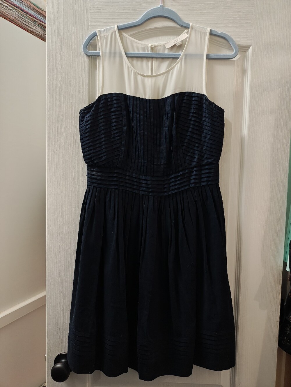 LOFT Navy and Cream Sleeveless Fit-and-Flare Midi Dress